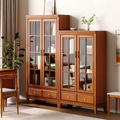 Vintage Closed Glass Door Tall Oak Storage Bookcases Image - 1