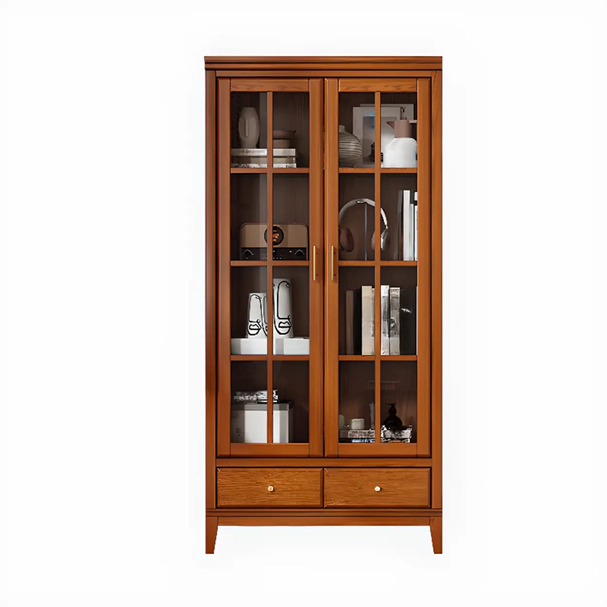 Vintage Closed Glass Door Tall Oak Storage Bookcases Image - 3