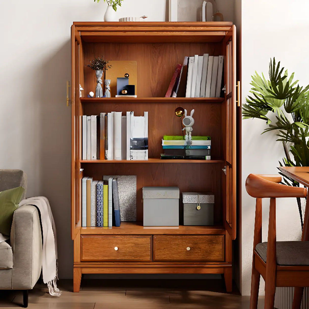 Vintage Closed Glass Door Tall Oak Storage Bookcases Image - 4