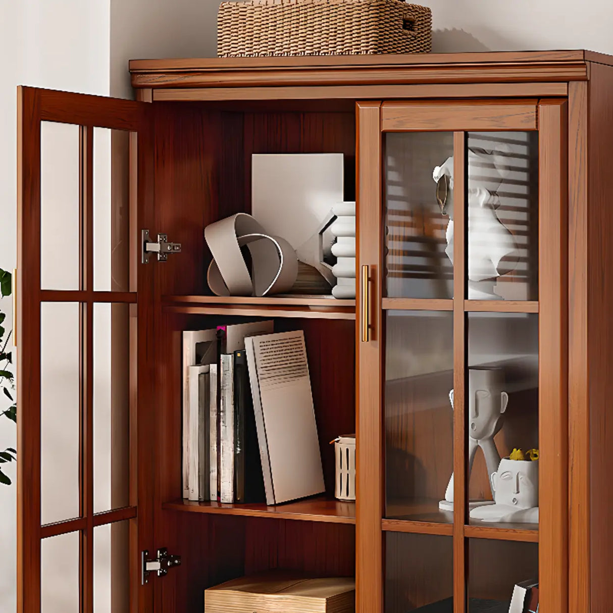 Vintage Closed Glass Door Tall Oak Storage Bookcases Image - 5