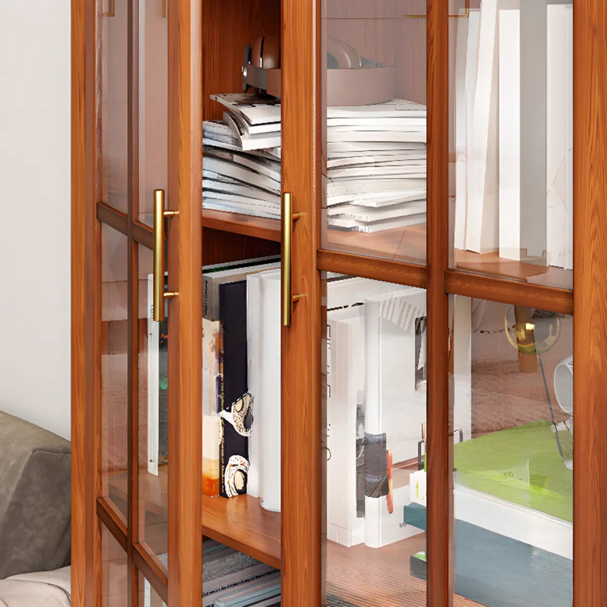 Vintage Closed Glass Door Tall Oak Storage Bookcases Image - 7