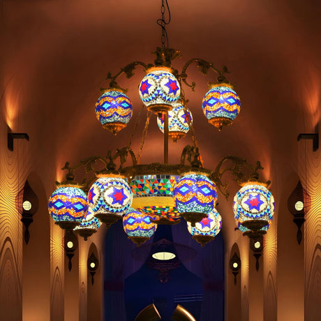 Vintage Colorful Bronze Metal Mosaic Glass Globe Chandelier Image - 2