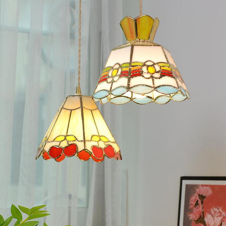 Vintage Colorful Stained Glass Floral Cone Pendant Light Image - 1