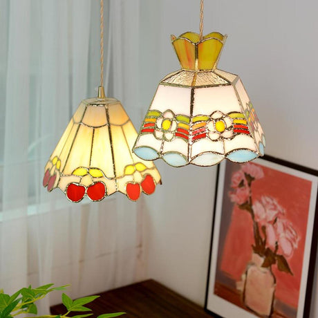 Vintage Colorful Stained Glass Floral Cone Pendant Light Image - 2