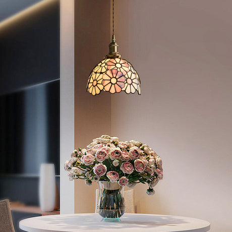 Vintage Colorful Stained Glass Floral Pendant Light Image - 1