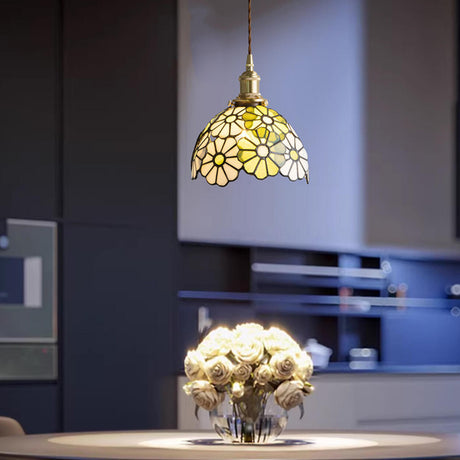 Vintage Colorful Stained Glass Floral Pendant Light Image - 2