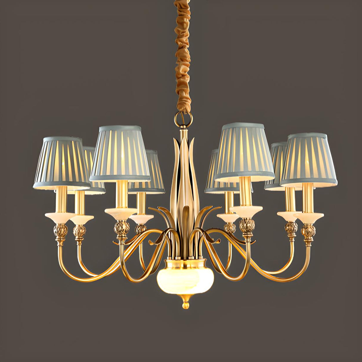 Vintage Copper Curved Arm Blue Fabric Drum Chandelier Image - 7