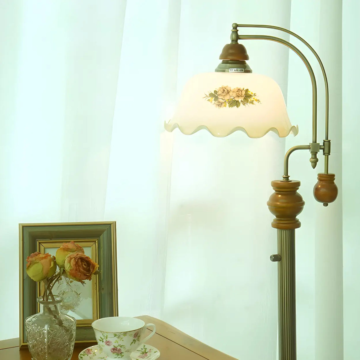 Vintage Dome Glass Shade Blue Metal LED Floor Lamp Image - 12