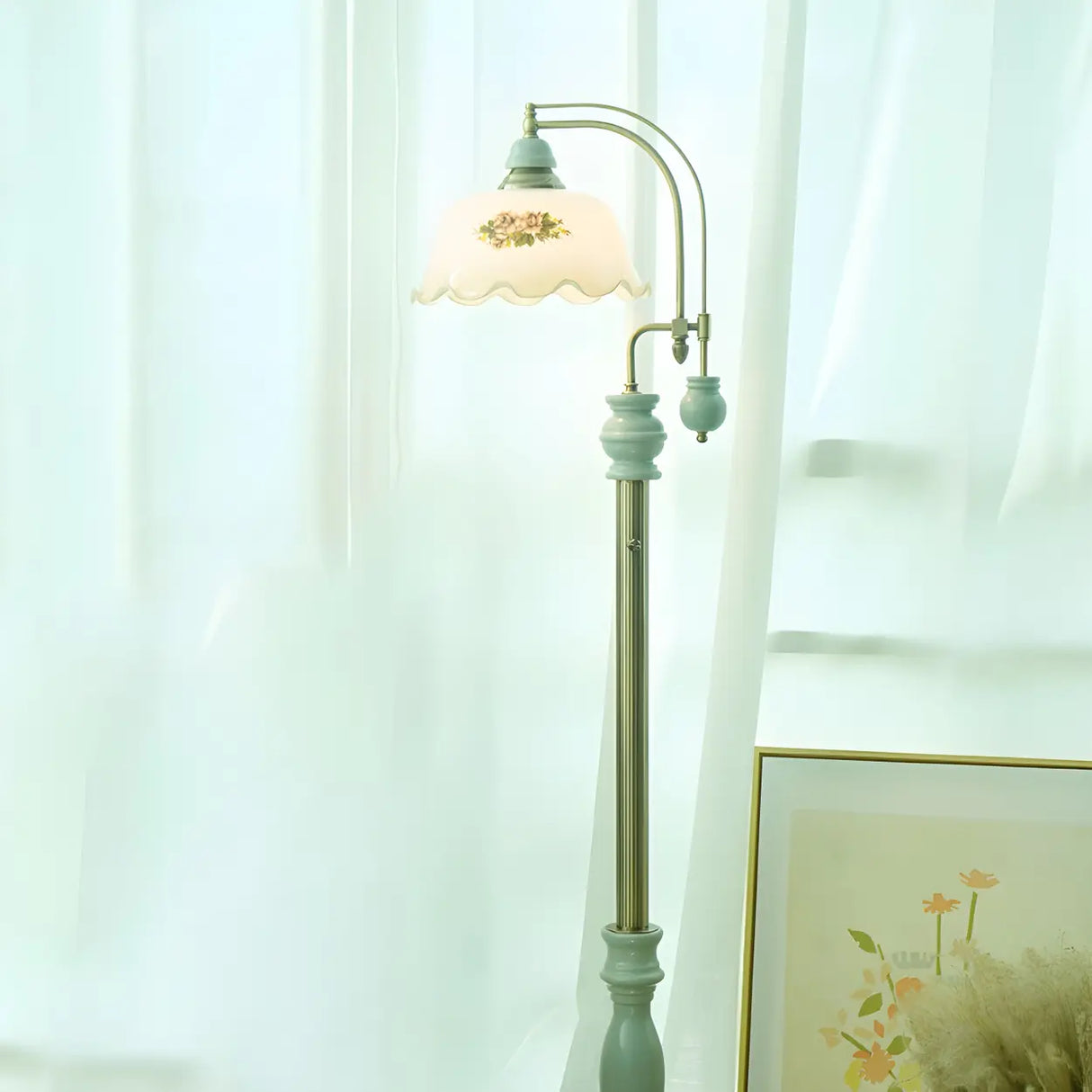 Vintage Dome Glass Shade Blue Metal LED Floor Lamp Image - 4