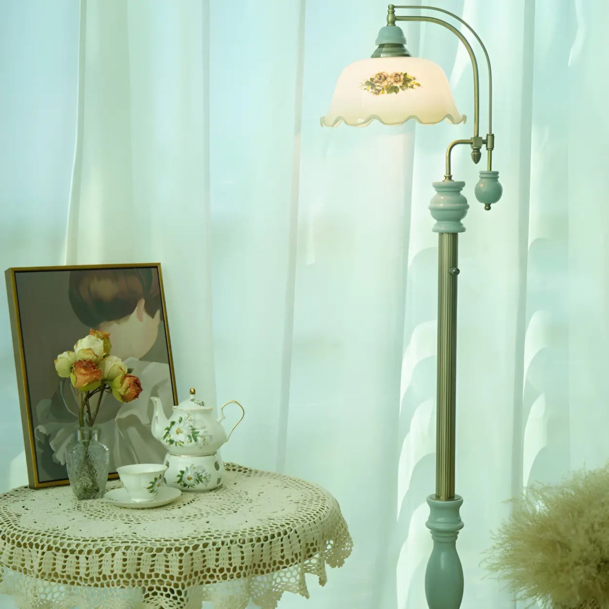 Vintage Dome Glass Shade Blue Metal LED Floor Lamp Image - 5