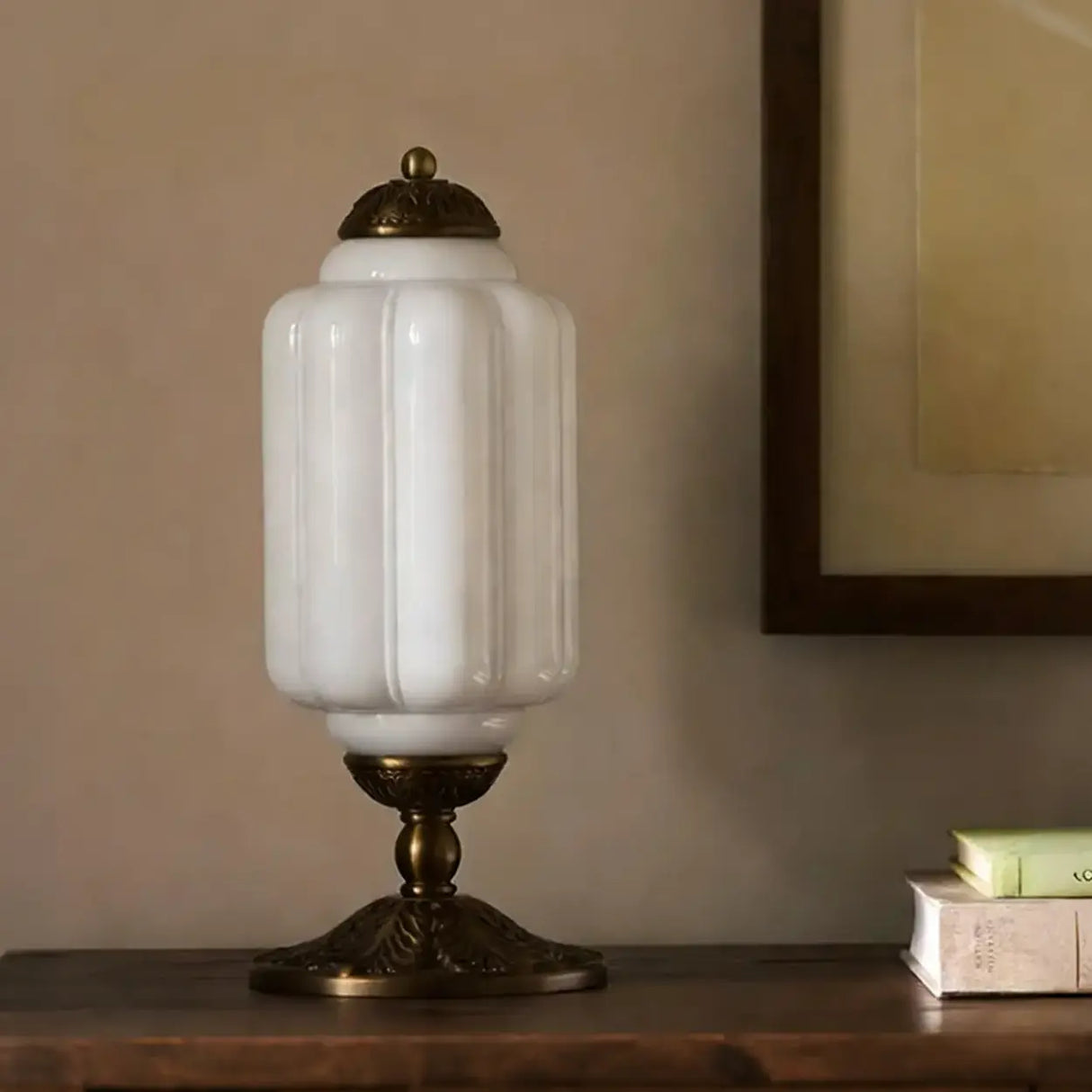 Vintage Elegant Glass Geometric Table Lamp with Brass Base Image - 8