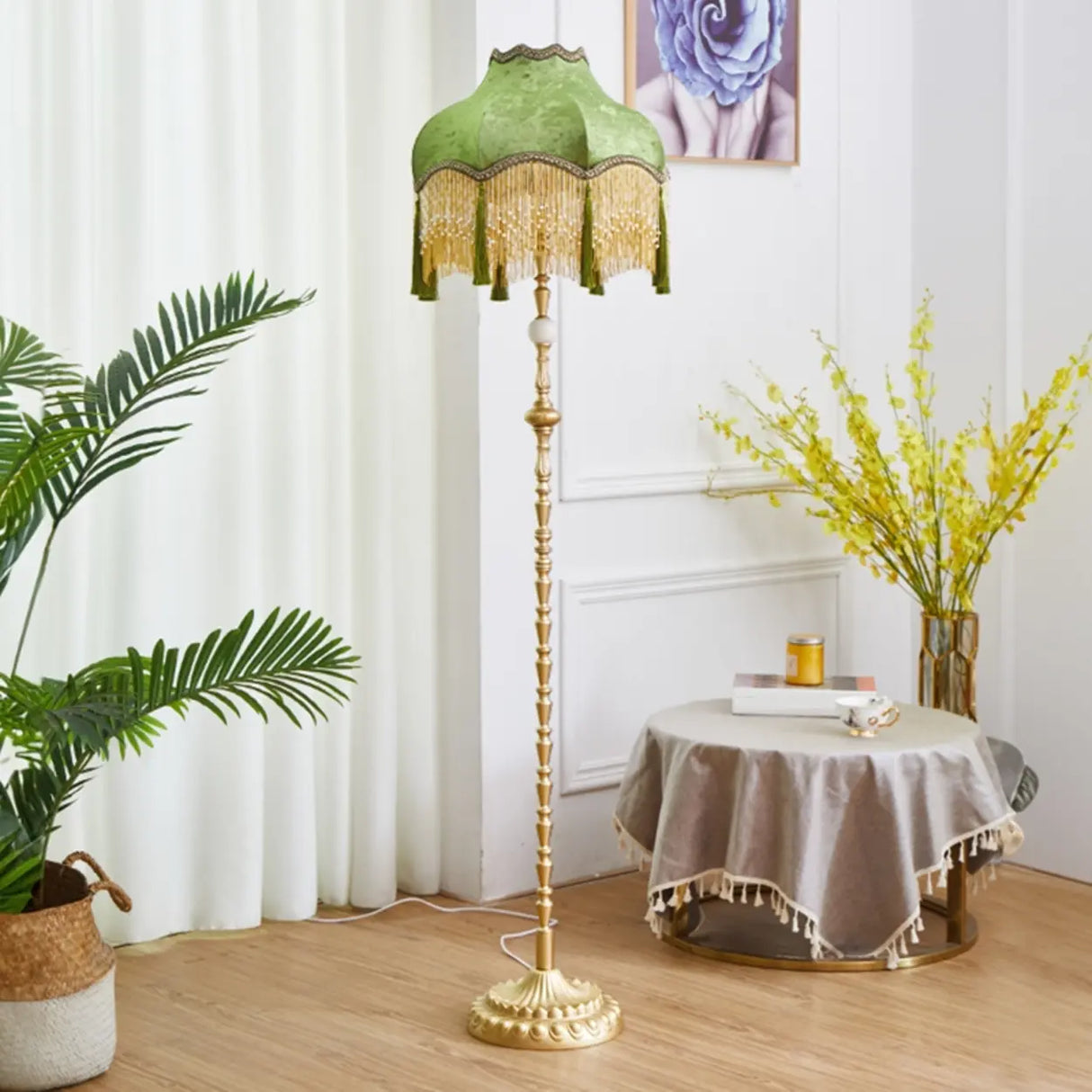 Vintage European Luxury Green Dome Gold Fringe Floor Lamp Image - 2