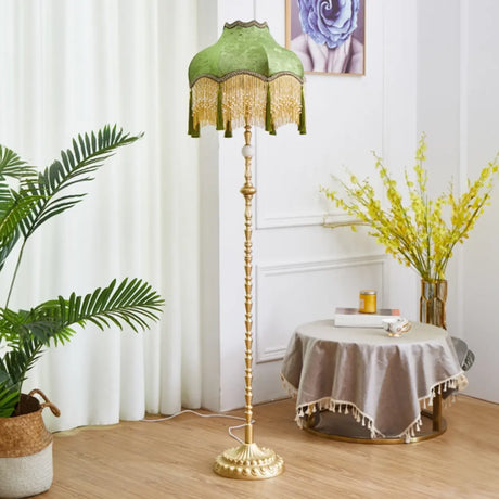 Vintage European Luxury Green Dome Gold Fringe Floor Lamp Image - 2