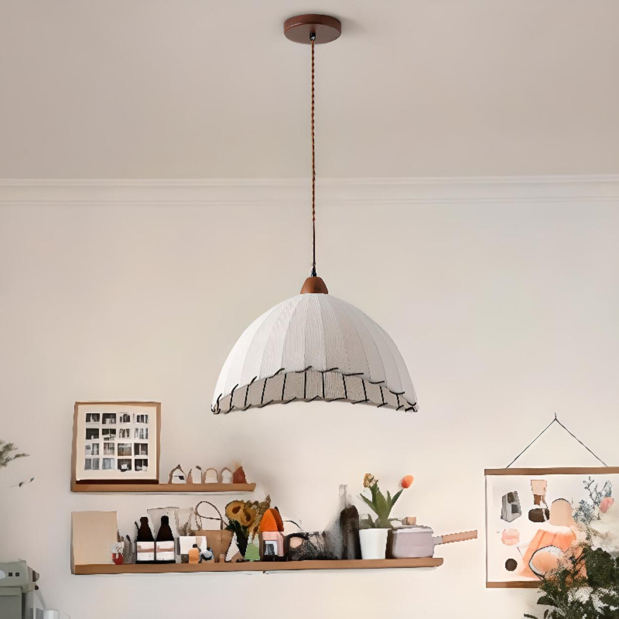 Vintage Fabric Dome Pendant Light Flexible Length Image - 6