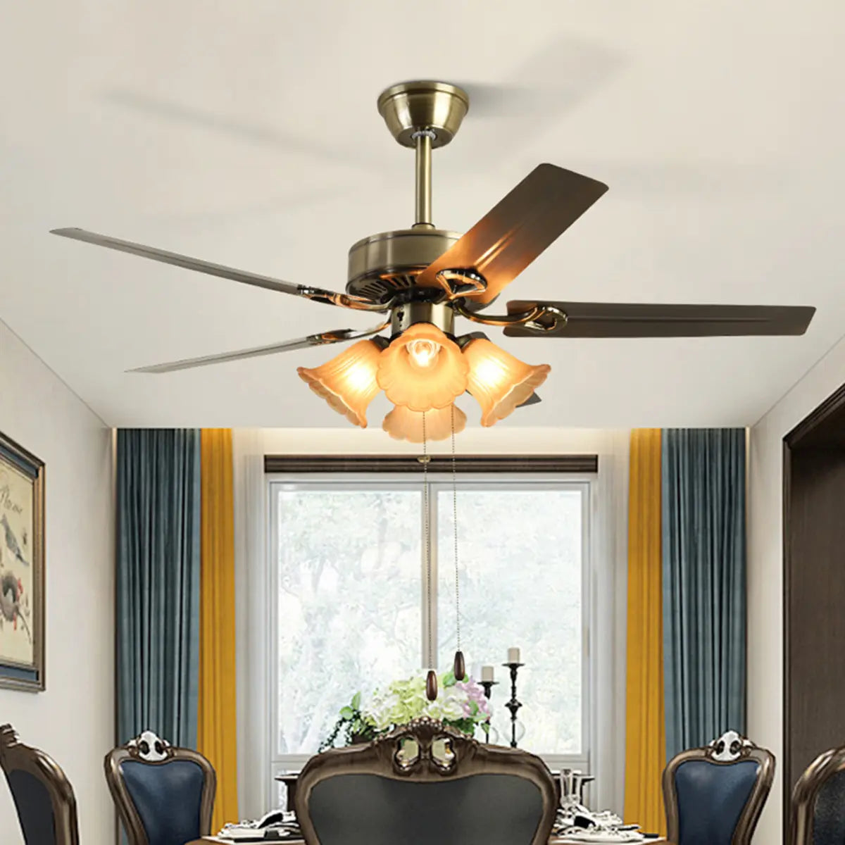 Vintage Floral 5 Blade Bronze Ceiling Fan with Light Image - 1
