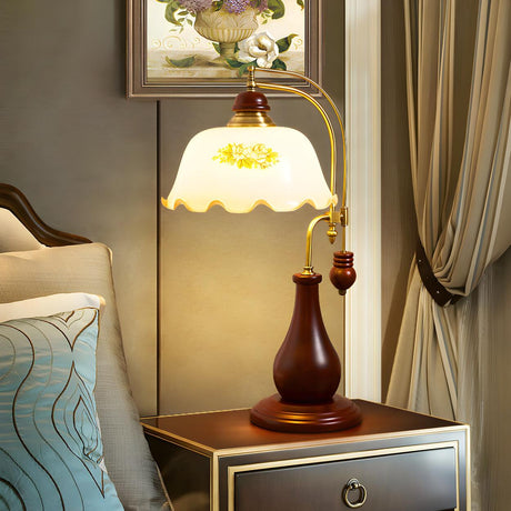 Vintage Floral Dome Shade Brown Vase Wood Table Lamp Image - 1