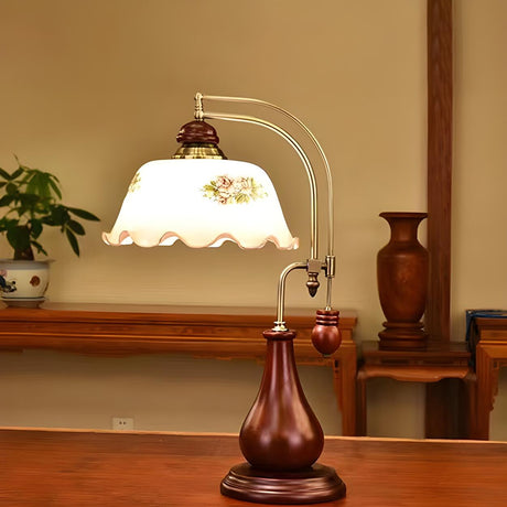 Vintage Floral Dome Shade Brown Vase Wood Table Lamp Image - 2
