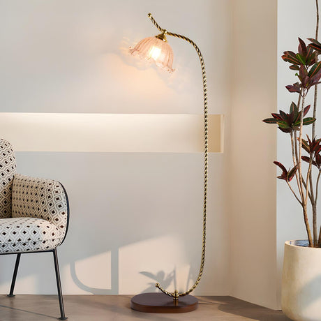 Vintage Floral Glass and Twisted Metal Floor Lamp Image - 1