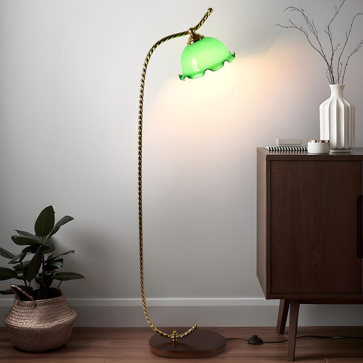 Vintage Floral Glass and Twisted Metal Floor Lamp Image - 15