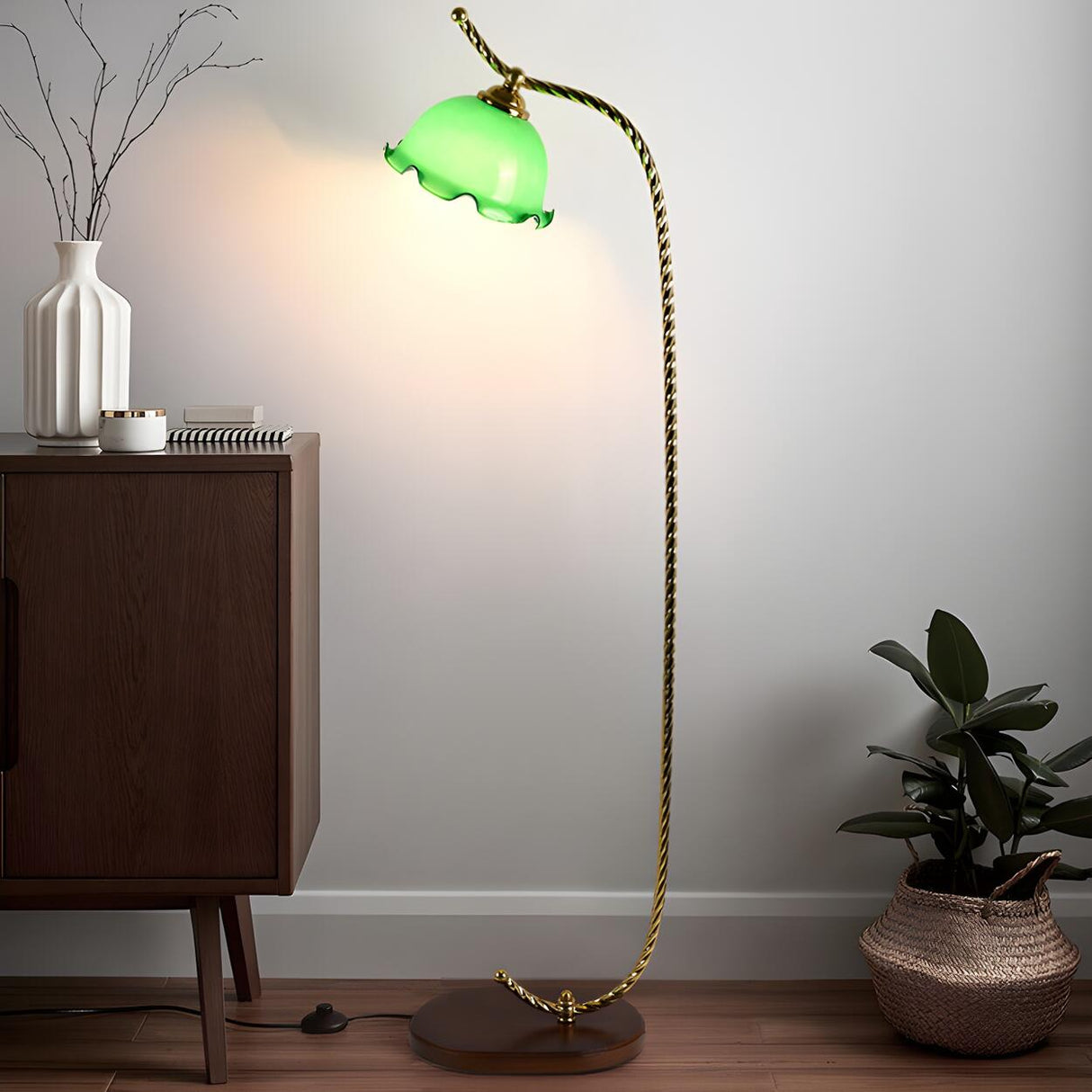 Vintage Floral Glass and Twisted Metal Floor Lamp Image - 3