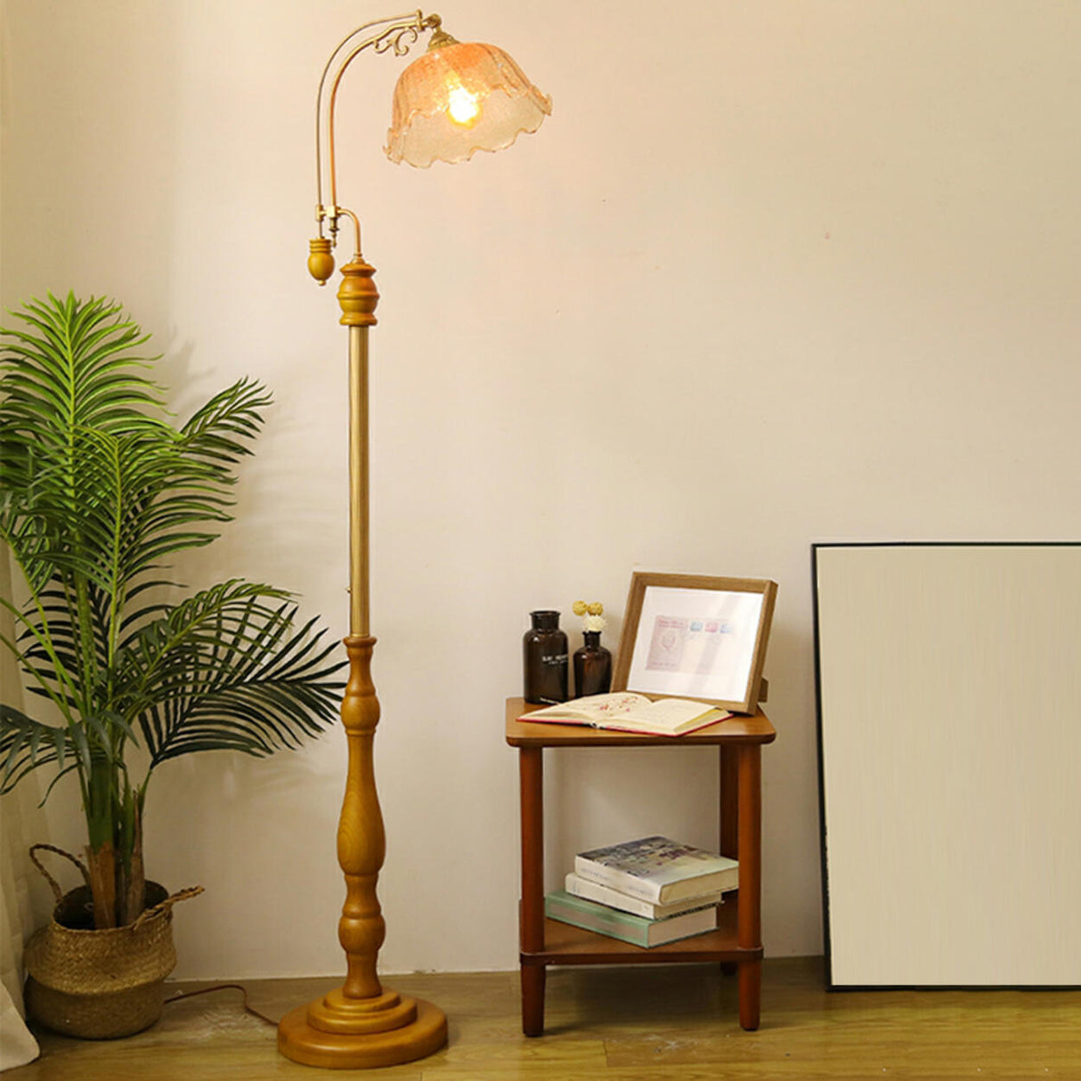 Vintage Floral Glass Brown Wooden LED Floor Light Image - 1