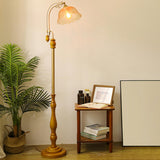 Vintage Floral Glass Brown Wooden LED Floor Light Image - 1