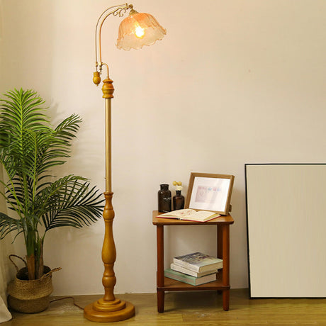 Vintage Floral Glass Brown Wooden LED Floor Light Image - 1