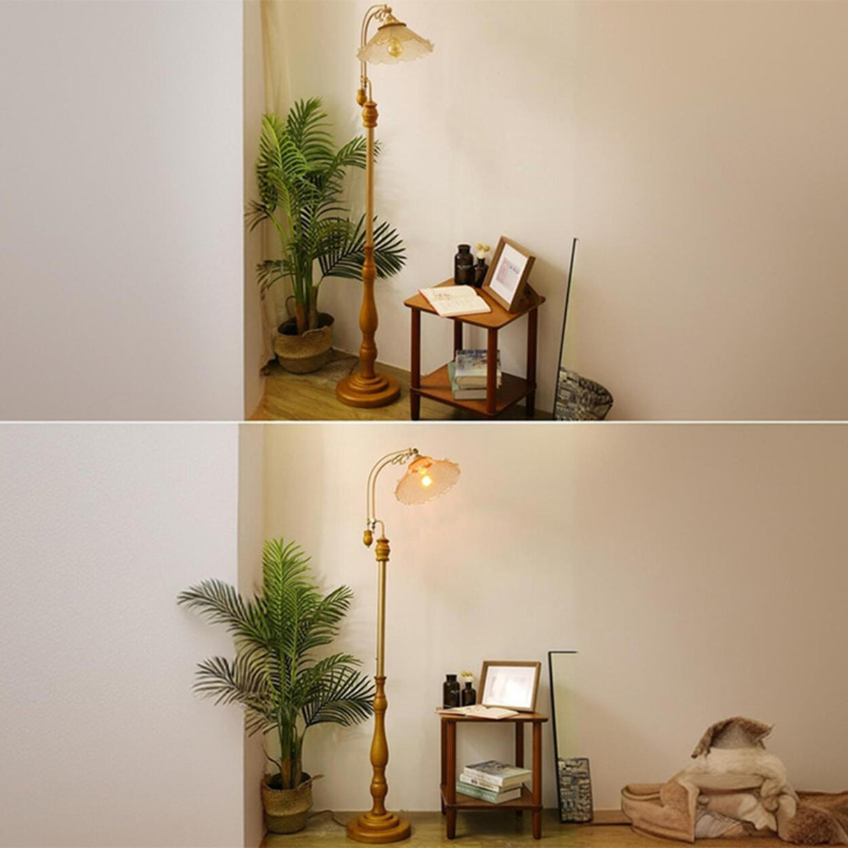 Vintage Floral Glass Brown Wooden LED Floor Light Image - 12