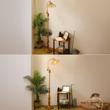 Vintage Floral Glass Brown Wooden LED Floor Light Image - 12