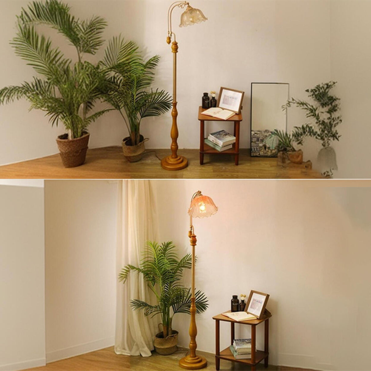 Vintage Floral Glass Brown Wooden LED Floor Light Image - 13