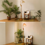 Vintage Floral Glass Brown Wooden LED Floor Light Image - 13