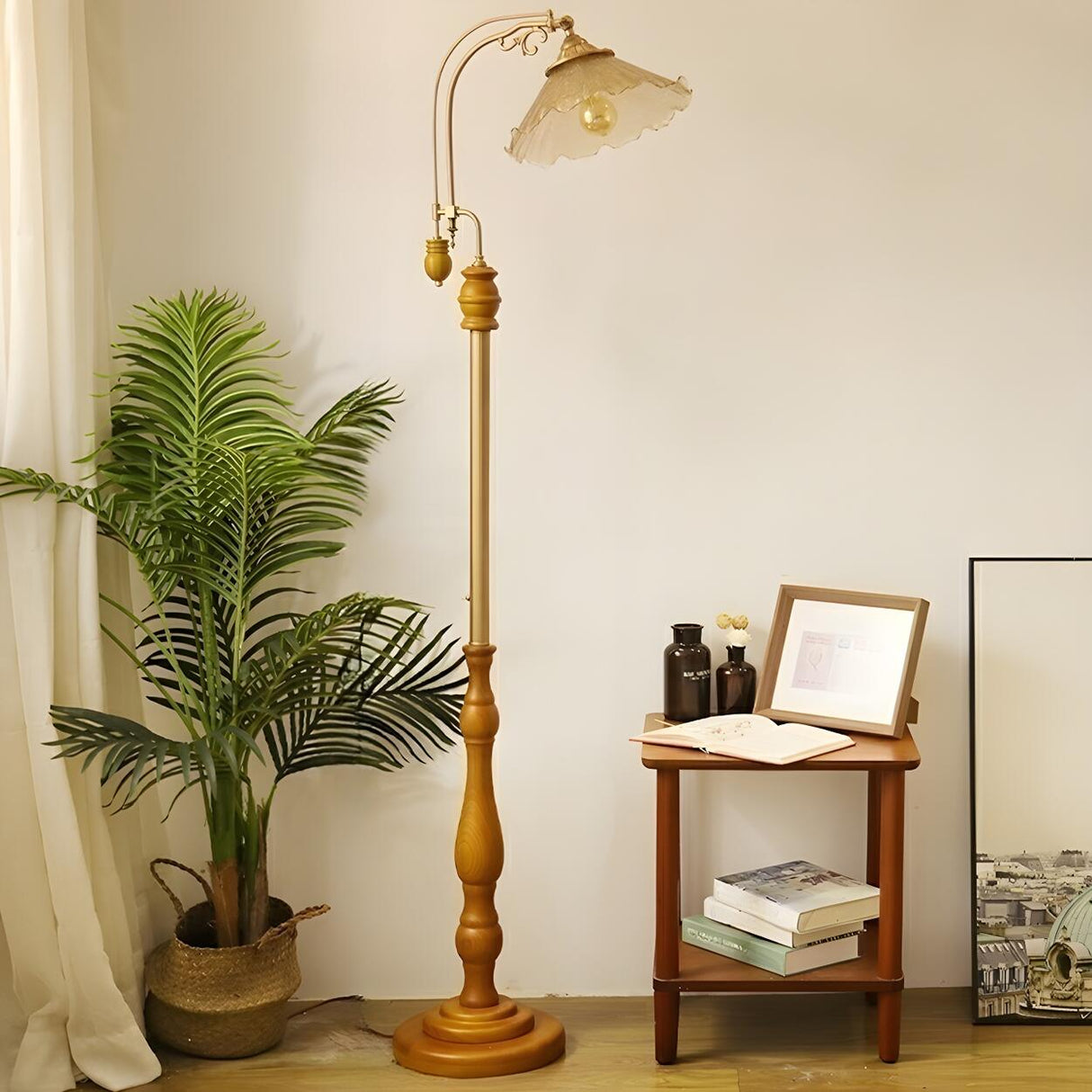 Vintage Floral Glass Brown Wooden LED Floor Light Image - 2