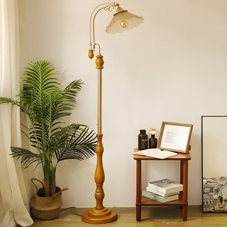 Vintage Floral Glass Brown Wooden LED Floor Light Image - 2