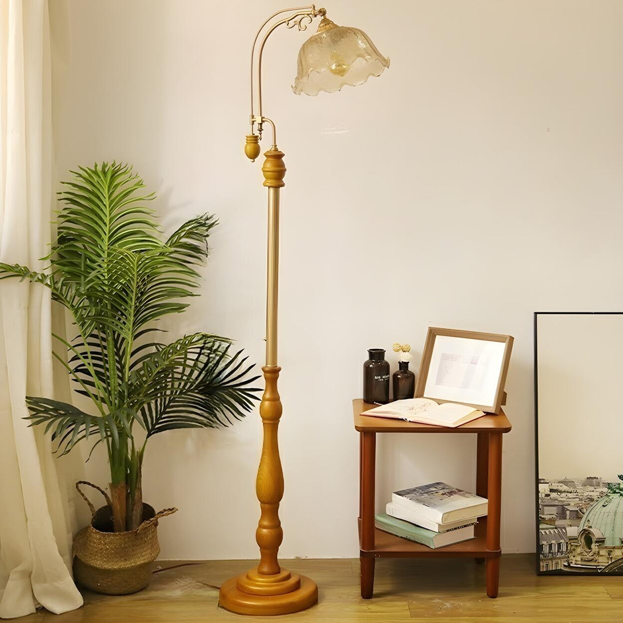Vintage Floral Glass Brown Wooden LED Floor Light Image - 3