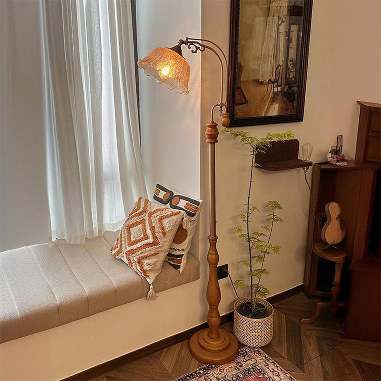 Vintage Floral Glass Brown Wooden LED Floor Light Image - 5