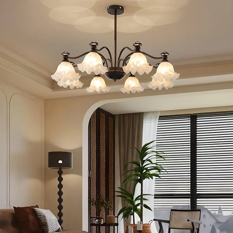 Vintage Floral Glass Living Room 8-Light Black Chandelier Image - 1