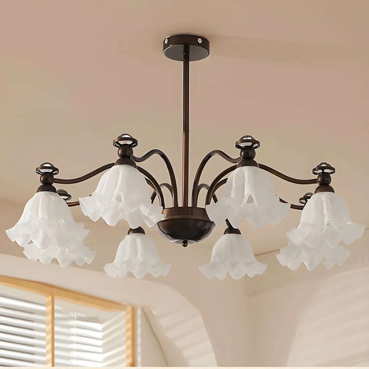 Vintage Floral Glass Living Room 8-Light Black Chandelier Image - 11