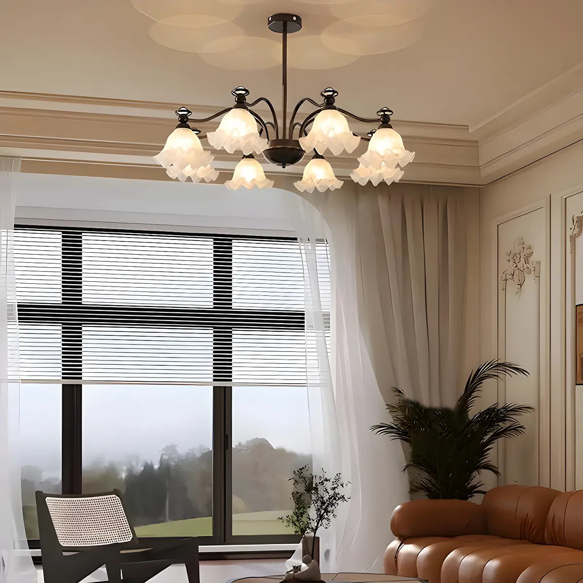 Vintage Floral Glass Living Room 8-Light Black Chandelier Image - 12