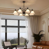 Vintage Floral Glass Living Room 8-Light Black Chandelier Image - 12