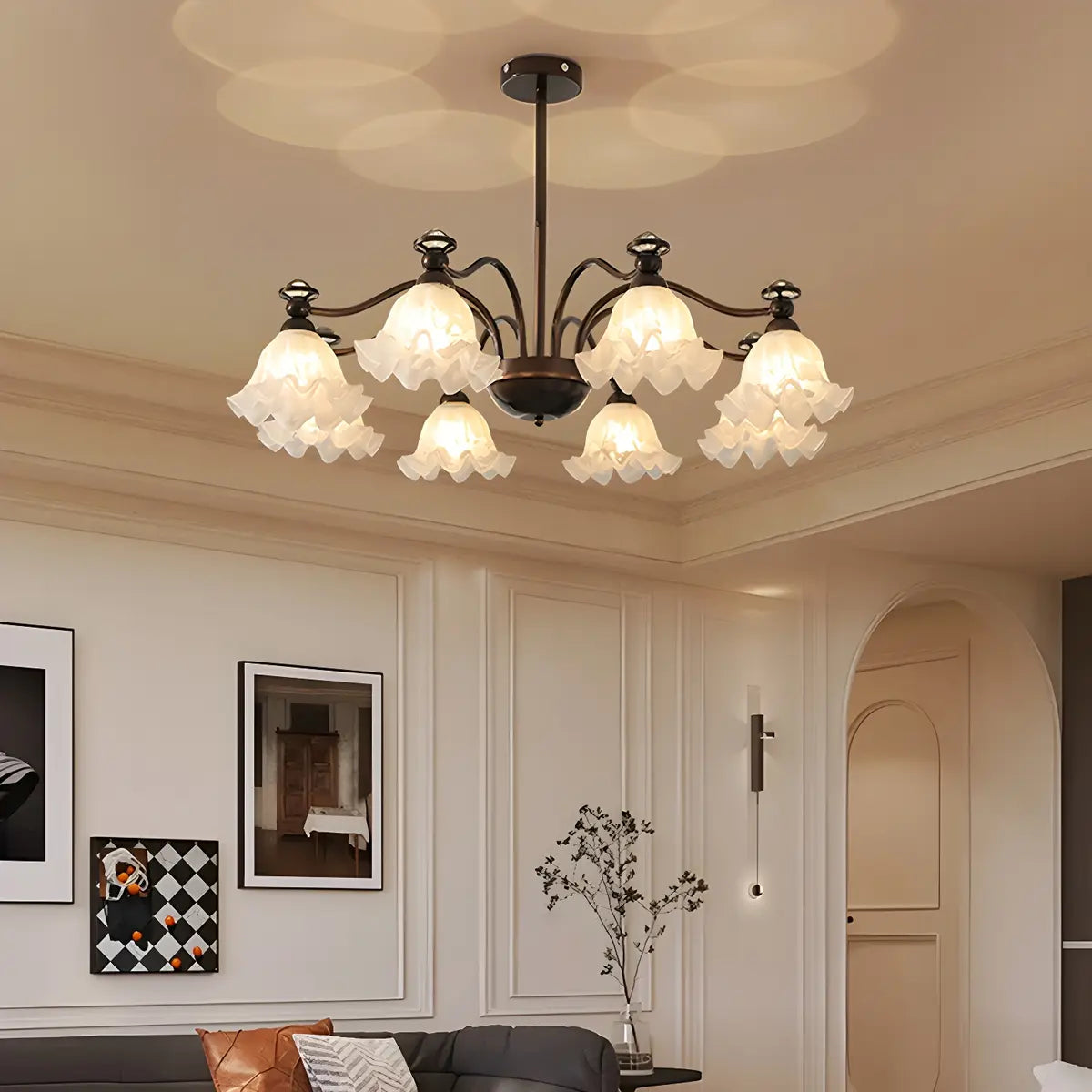 Vintage Floral Glass Living Room 8-Light Black Chandelier Image - 13