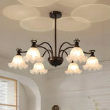 Vintage Floral Glass Living Room 8-Light Black Chandelier Image - 3