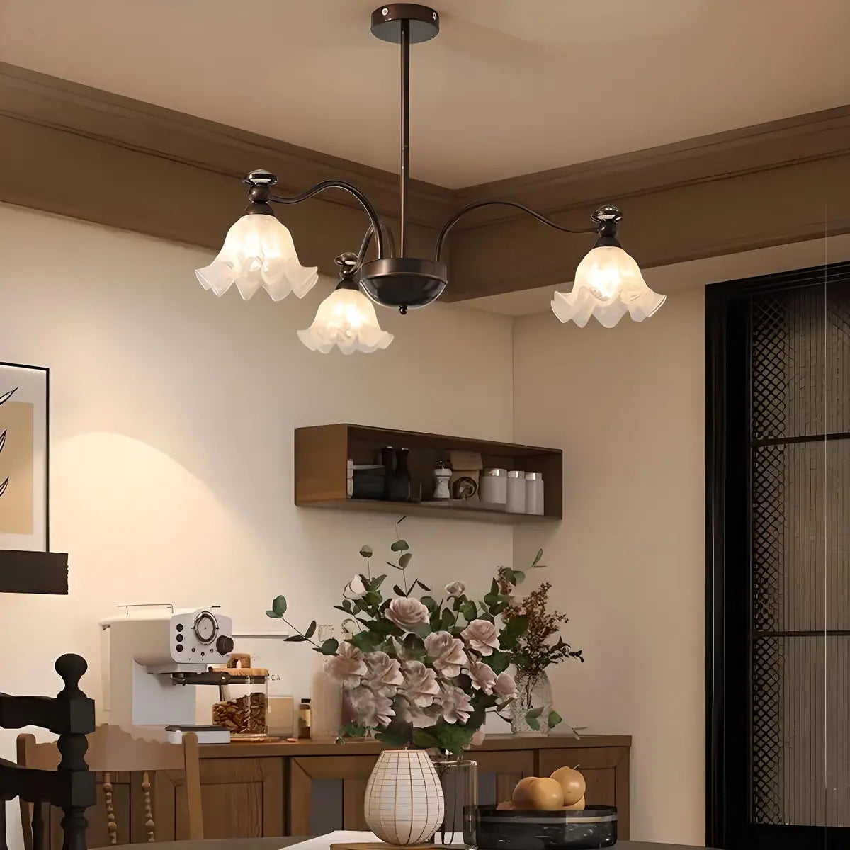 Vintage Floral Glass Living Room 8-Light Black Chandelier Image - 4