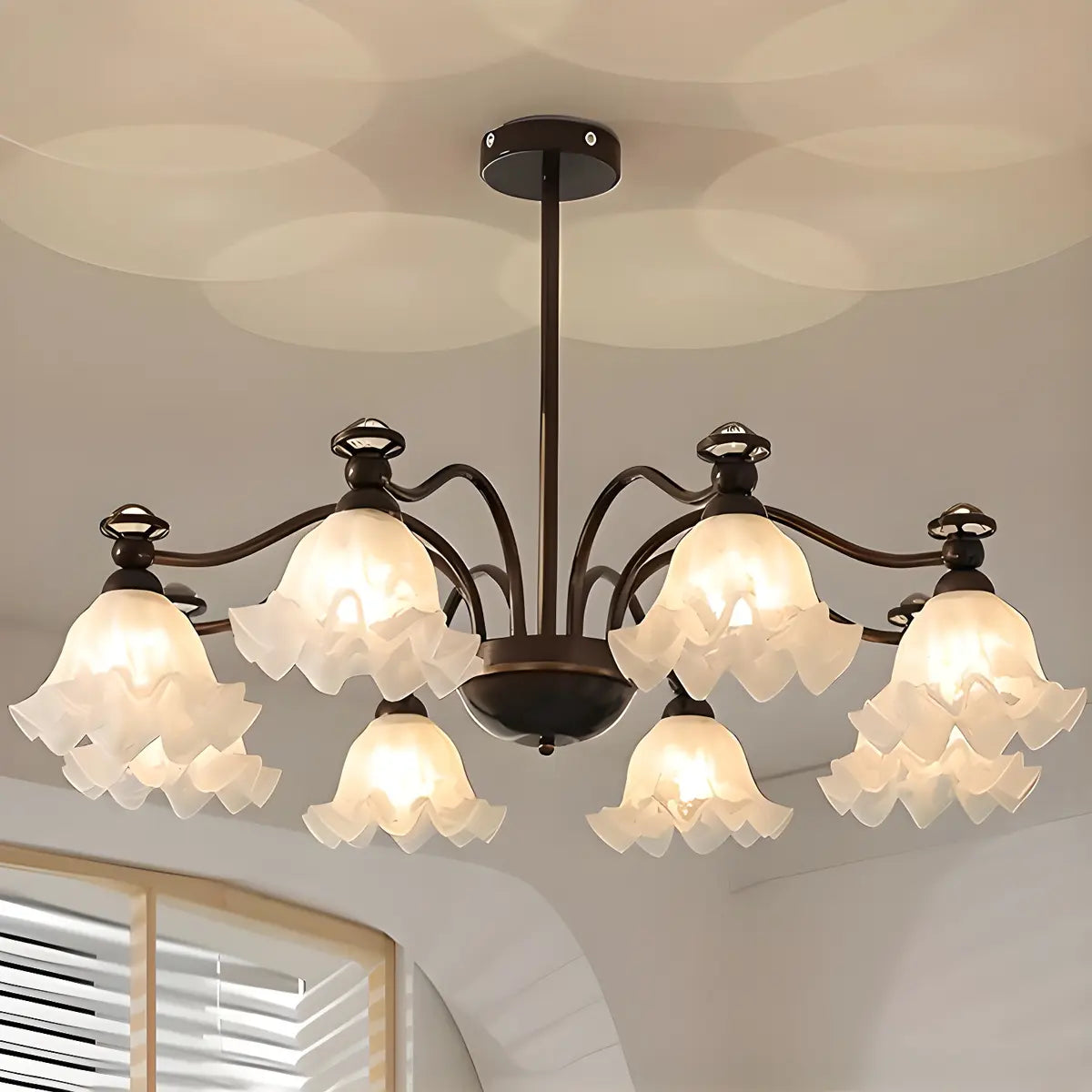 Vintage Floral Glass Living Room 8-Light Black Chandelier Image - 5