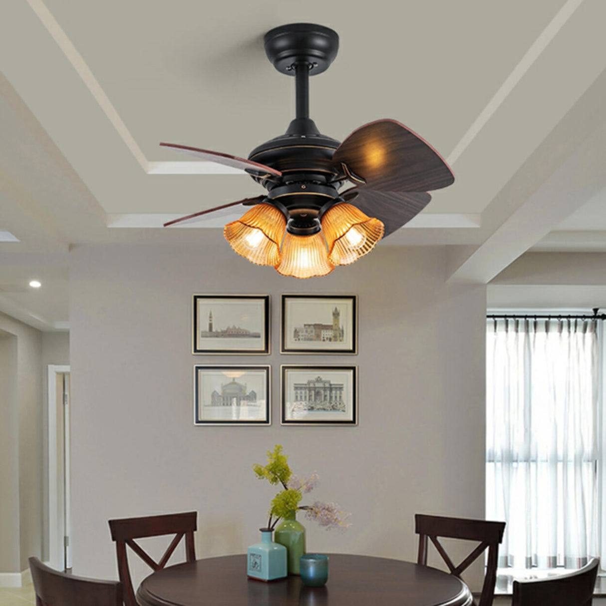 Vintage Floral Shade 4 Wood Blade Chandelier Fan Light Image - 1