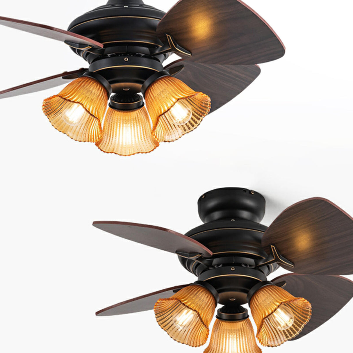 Vintage Floral Shade 4 Wood Blade Chandelier Fan Light Image - 12