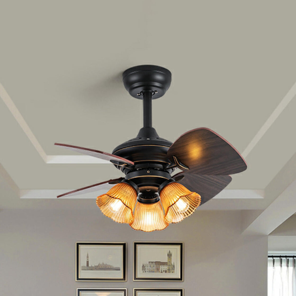Vintage Floral Shade 4 Wood Blade Chandelier Fan Light Image - 2