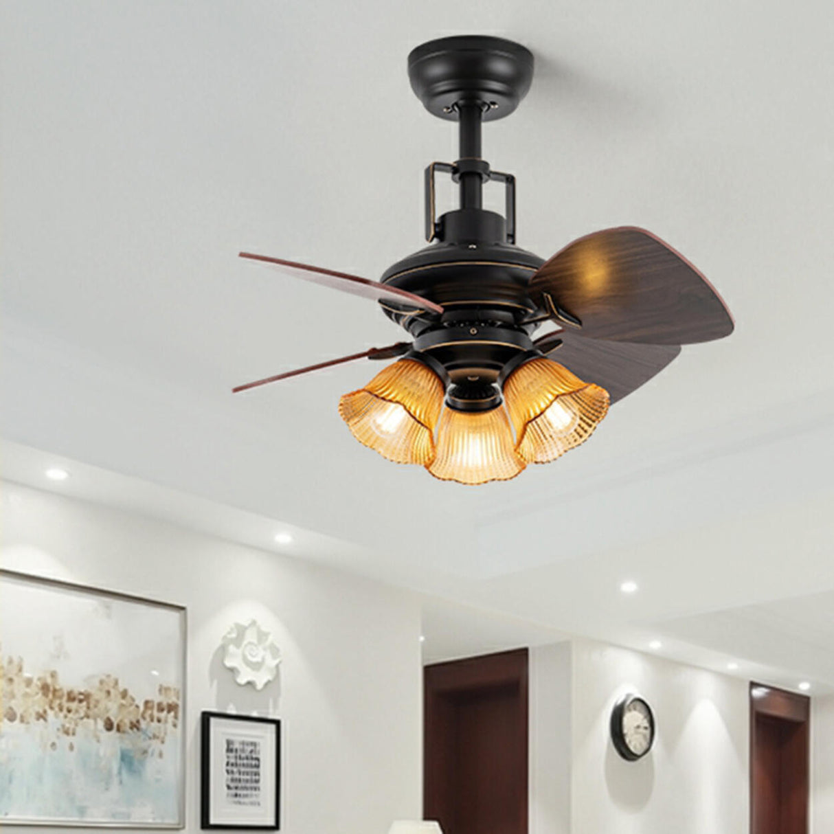 Vintage Floral Shade 4 Wood Blade Chandelier Fan Light Image - 23