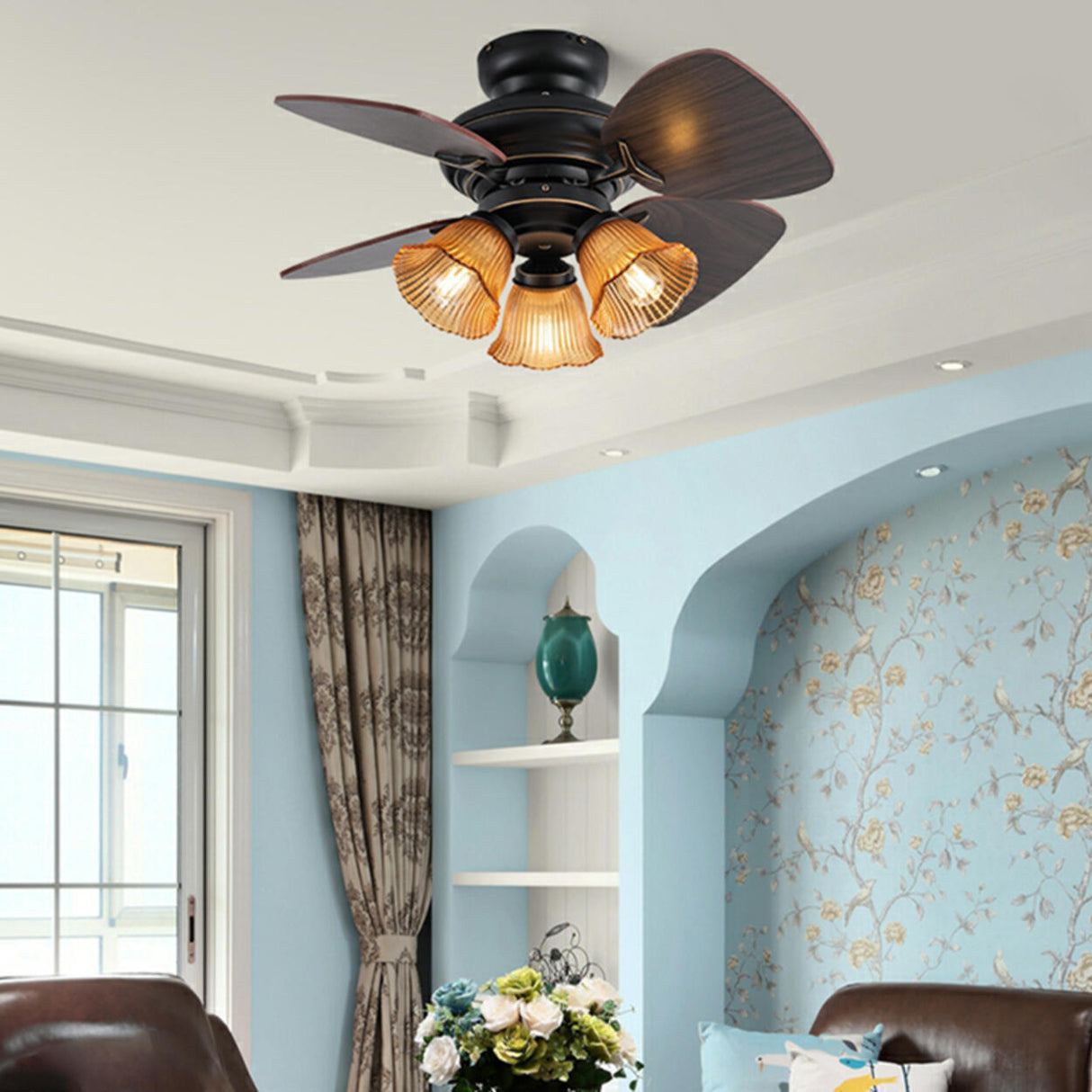 Vintage Floral Shade 4 Wood Blade Chandelier Fan Light Image - 4