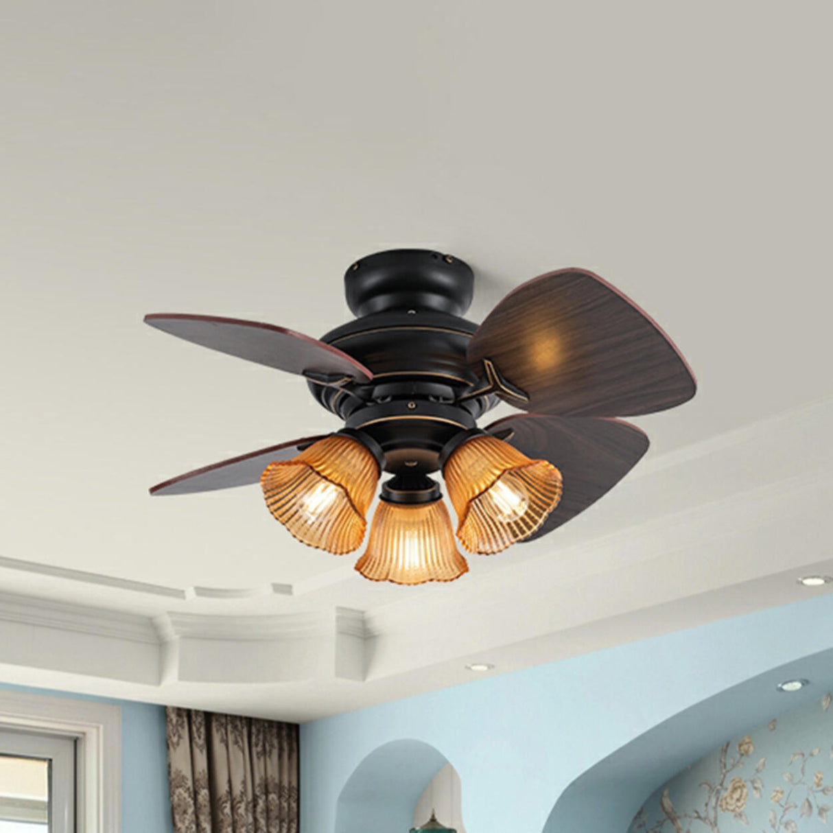 Vintage Floral Shade 4 Wood Blade Chandelier Fan Light Image - 5