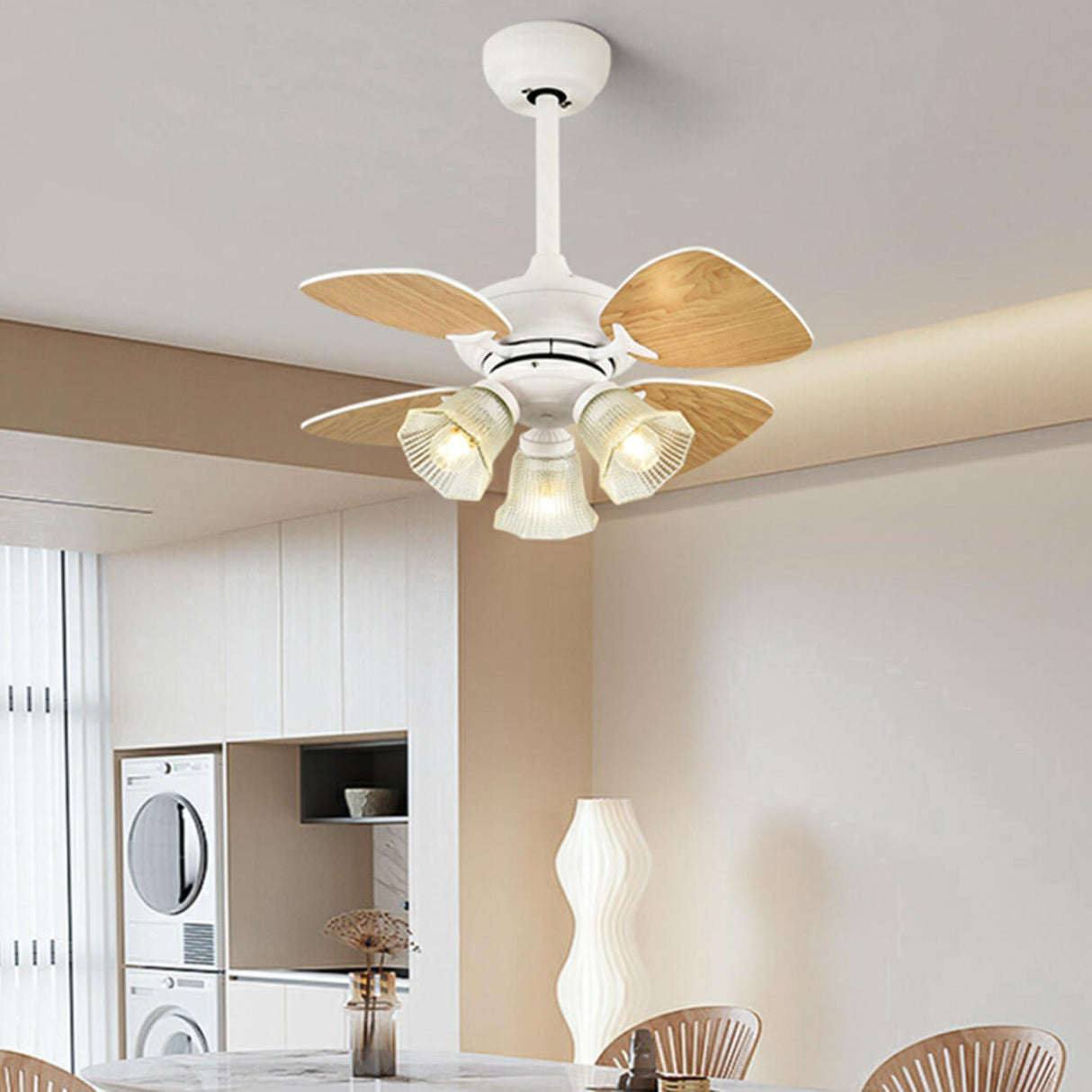 Vintage Floral Shade 4 Wood Blade Chandelier Fan Light Image - 6